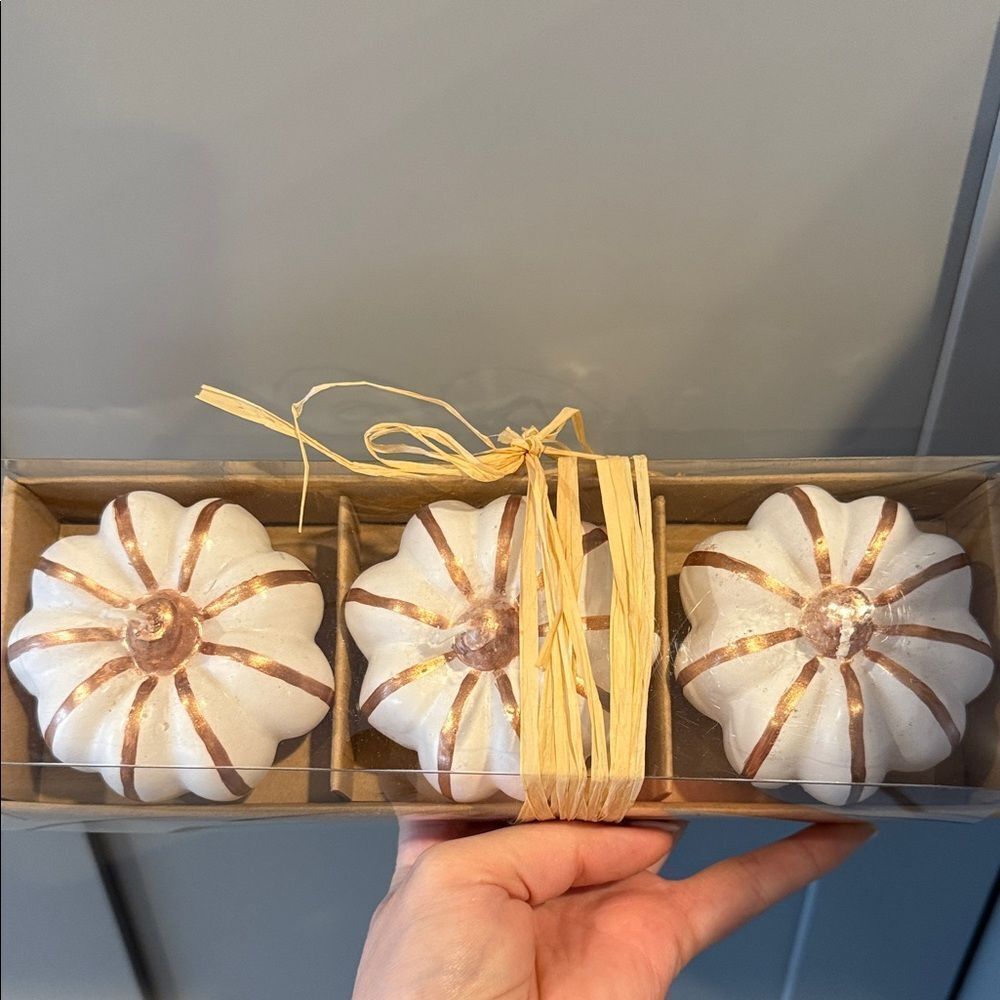 Set of Three White and Gold Decorative Pumpkins candles